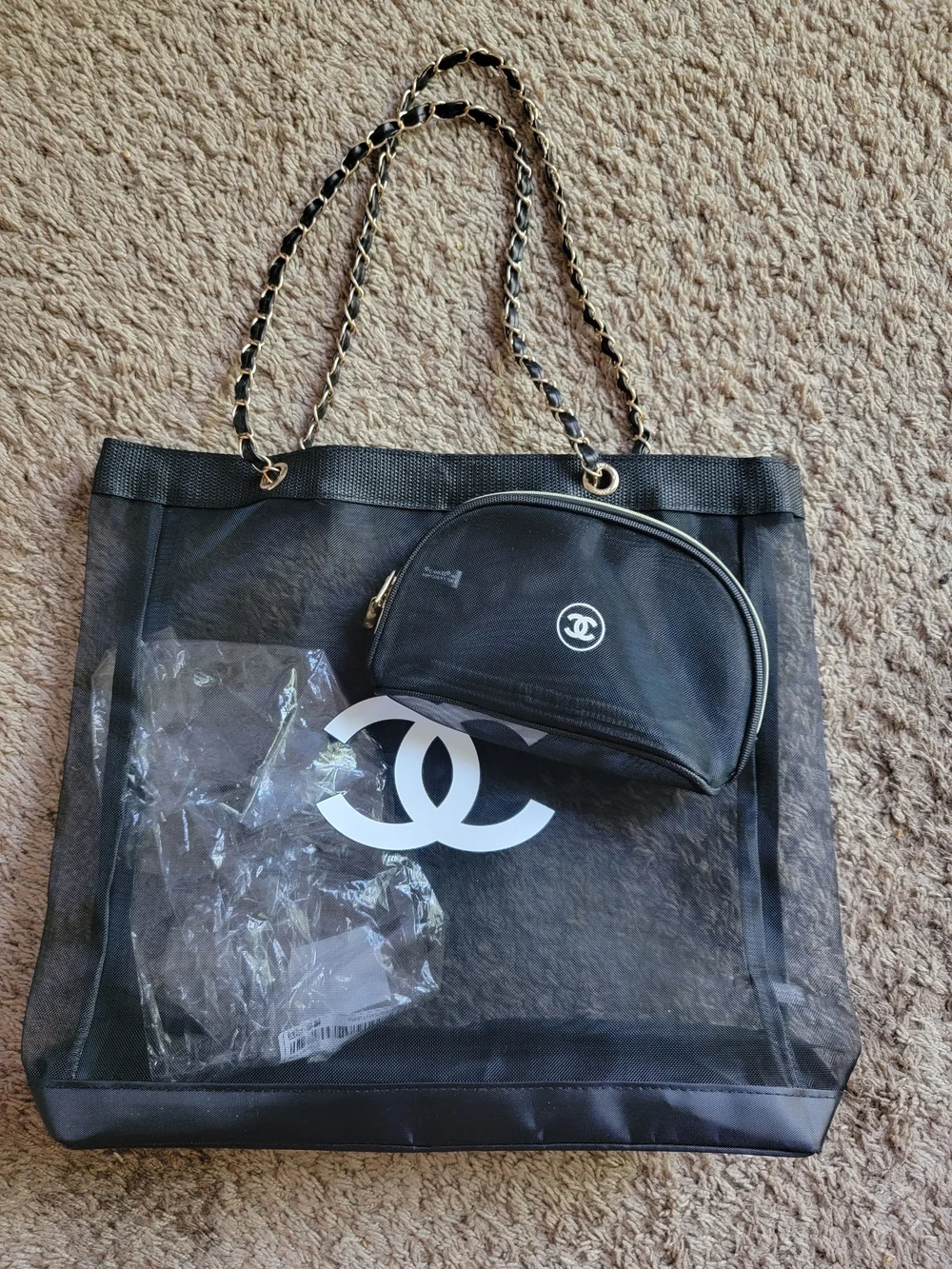 Chanel Black Mesh Tote with Quilted Chain Strap and Black Cosmetic Pouch